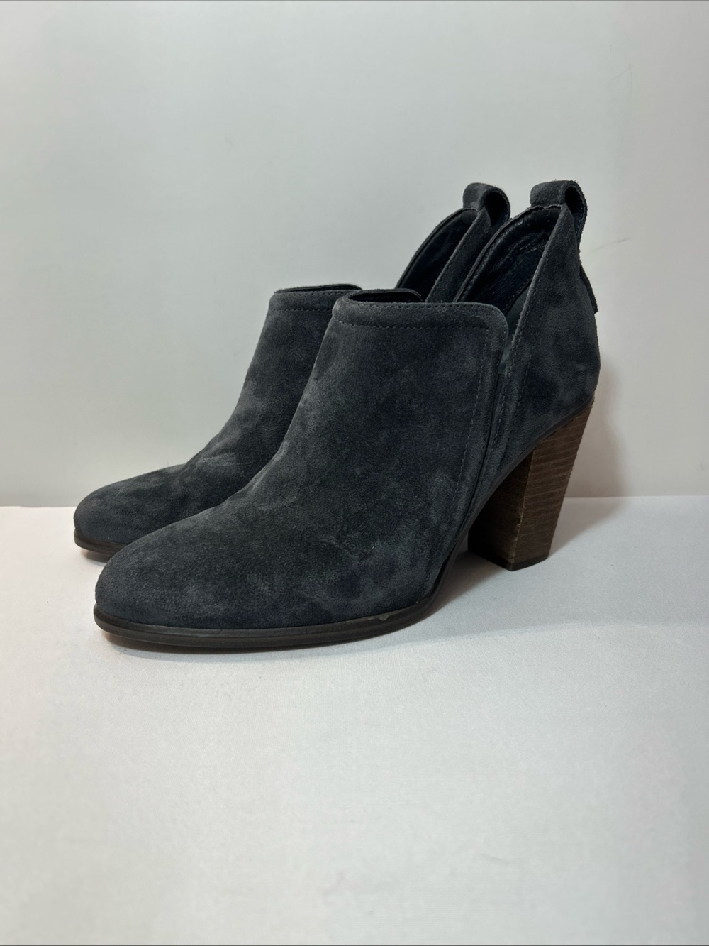 Vince Camuto Charcoal Gray Suede Block Heel Ankle Booties